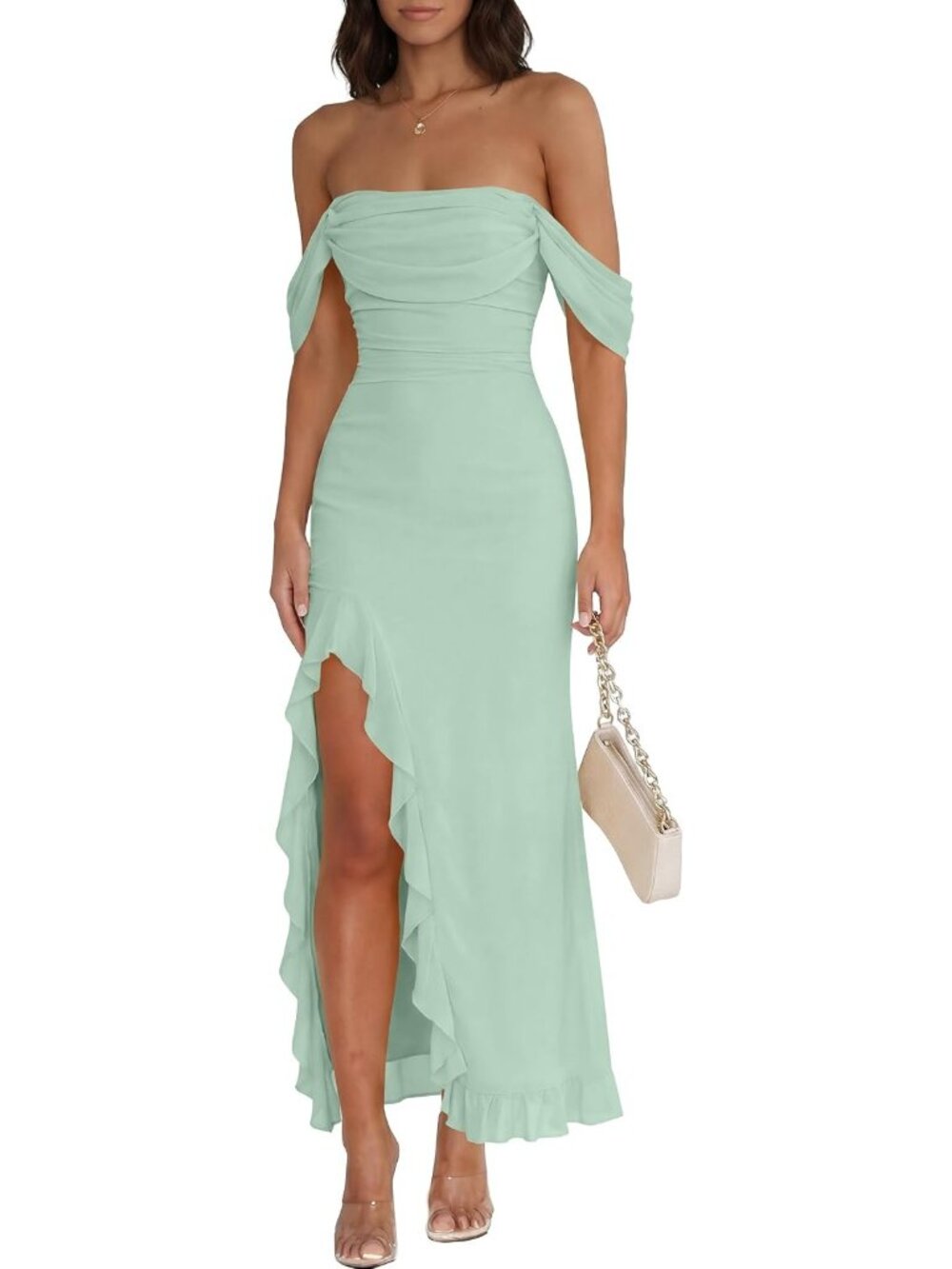Women's Light Green Off Shoulder Bodycon Backless Sleeveless Wedding Maxi Dress
